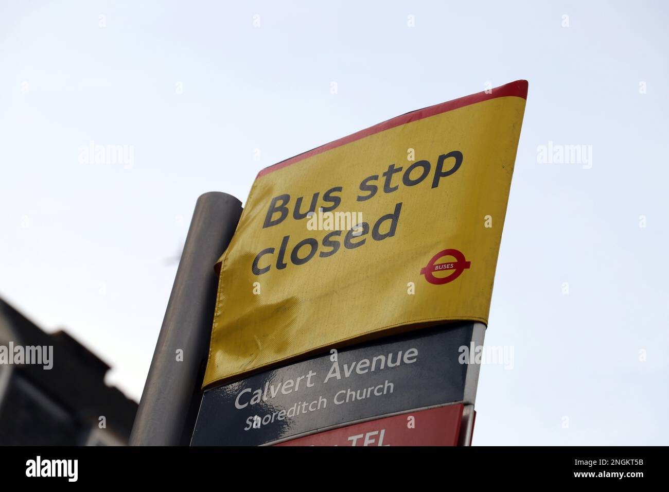 Bus Stop Closed Sign, Shoreditch, London, England Stock Photo Alamy
