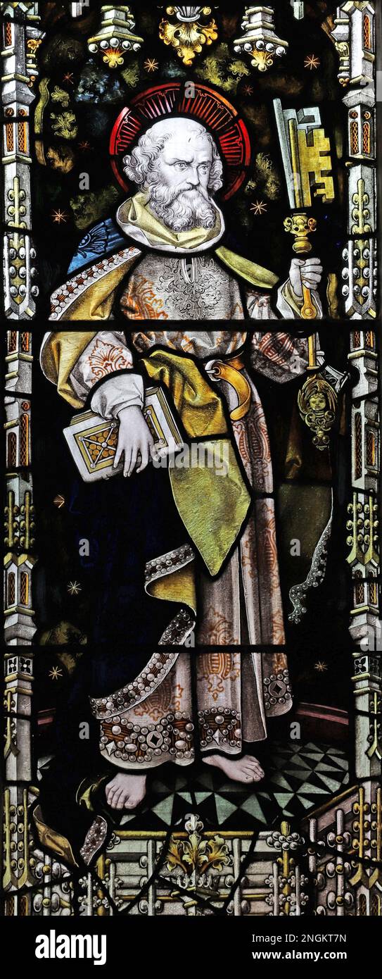 Stained glass window by Percy Bacon & Brothers depicting St Peter, St Mary's & St Bartholomew's Church, Cranborne, Dorset Stock Photo