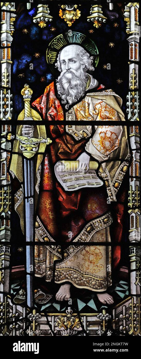 Stained glass window by Percy Bacon & Brothers depicting St Paul, St Mary's & St Bartholomew's Church, Cranborne, Dorset Stock Photo