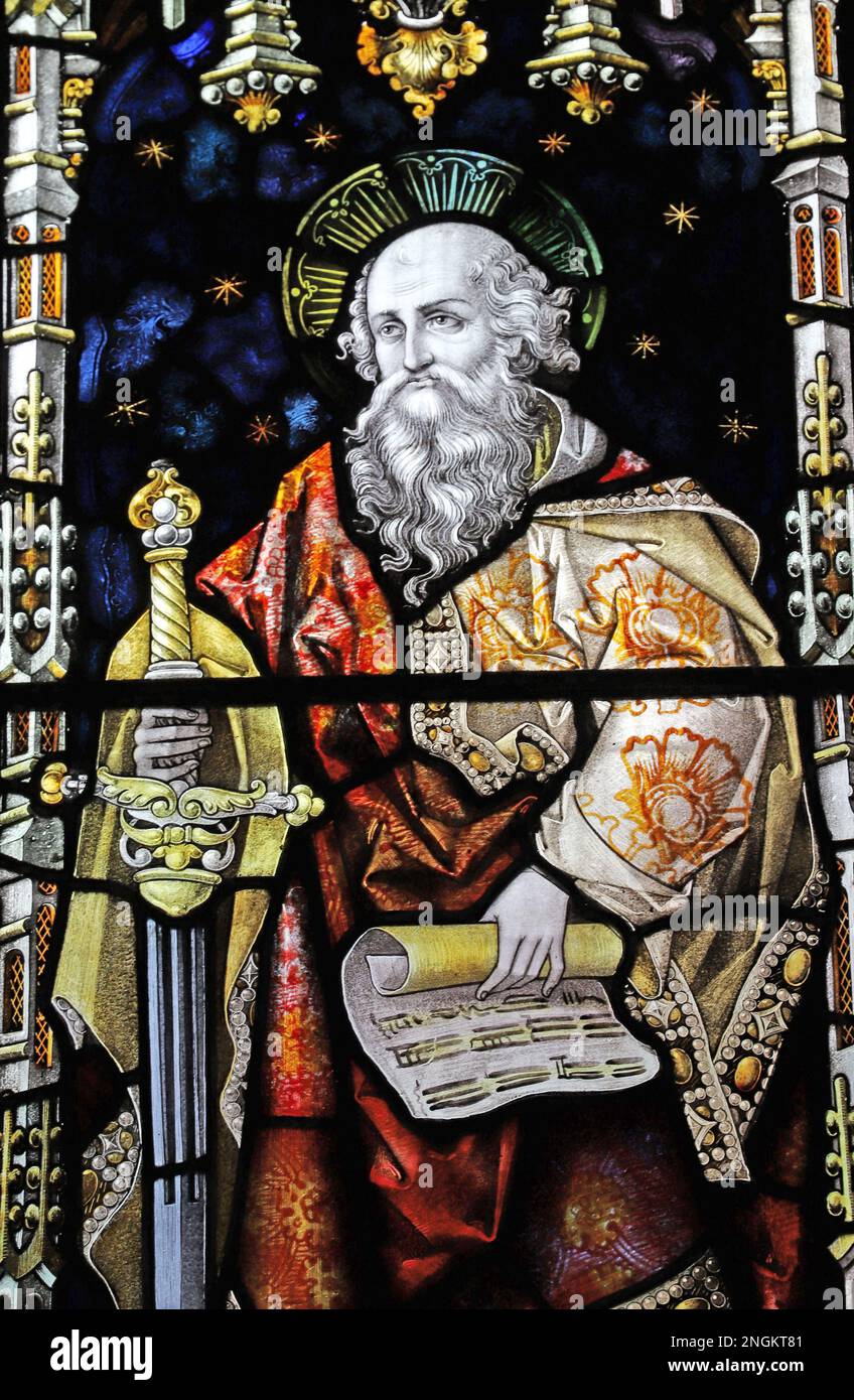 Stained glass window by Percy Bacon & Brothers depicting St Paul, St Mary's & St Bartholomew's Church, Cranborne, Dorset Stock Photo