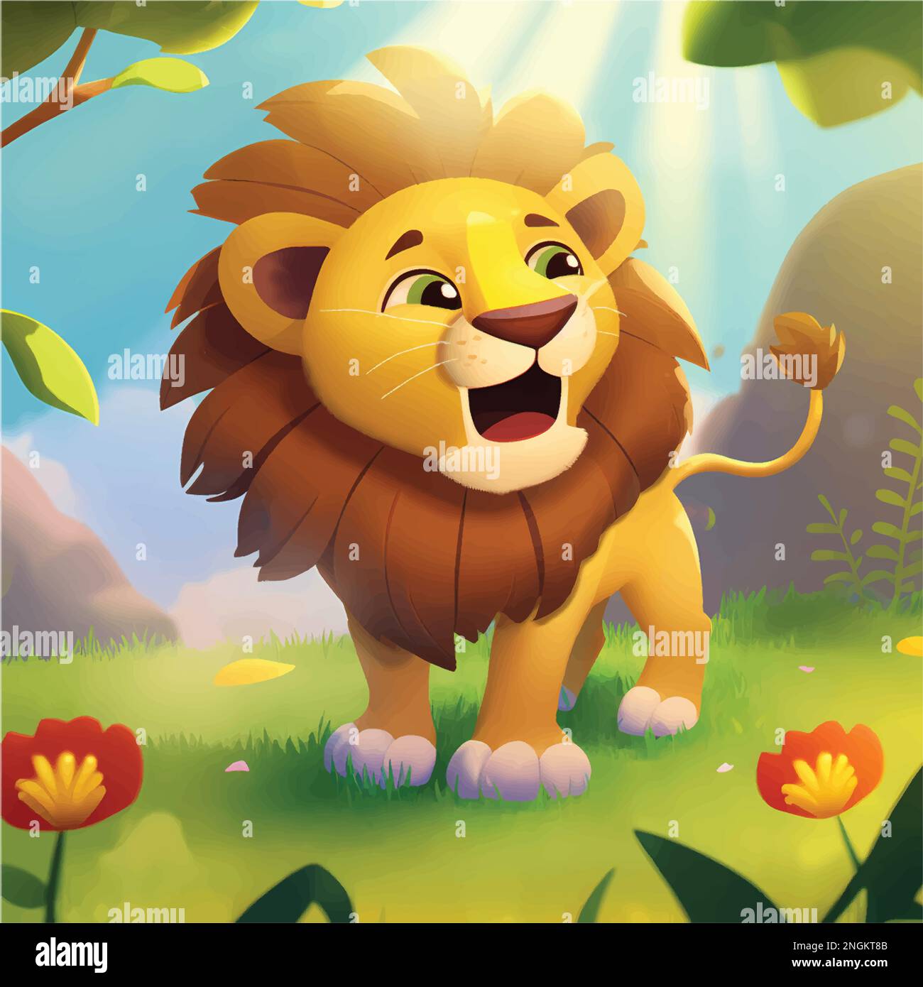 This playful illustration of a friendly lion with a nature background is perfect for kids. The