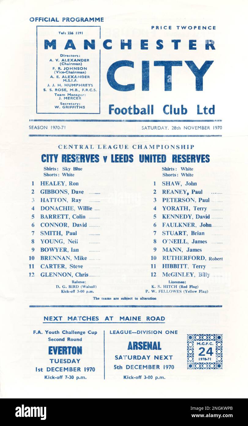 Official programme of Manchester City Reserves V Leeds United Reserves. Saturday. 28th November 1970. Stock Photo