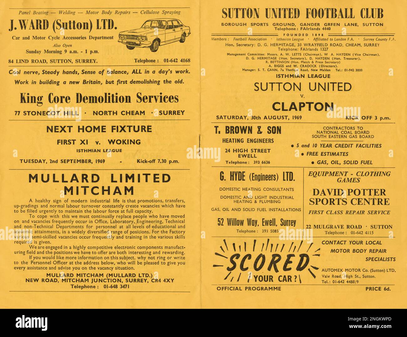 Match day programme. Front and back cover. Sutton United V Clapton. Isthmian League. 30th August 1969 Stock Photo