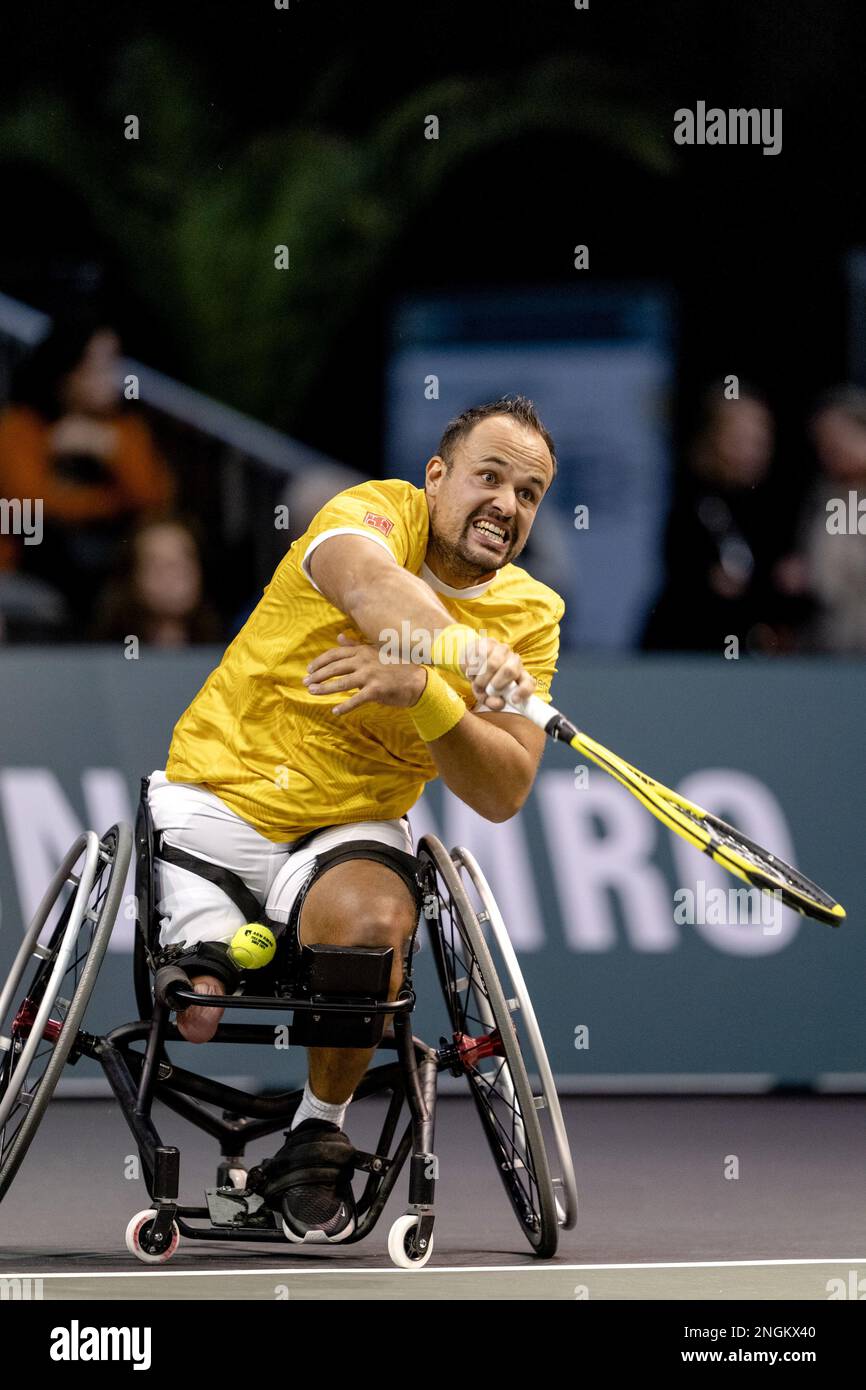 ROTTERDAM - Wheelchair tennis player Tom Egberink in action on the sixth day of the ABN AMRO Open tennis tournament in Ahoy. AP SANDER KING Stock Photo