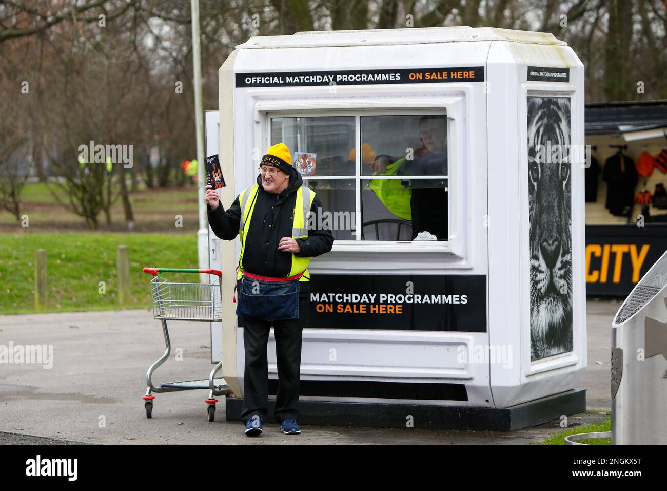 Programme Hut A programme seller outside MKM stadium, home stadium of Hull City ...