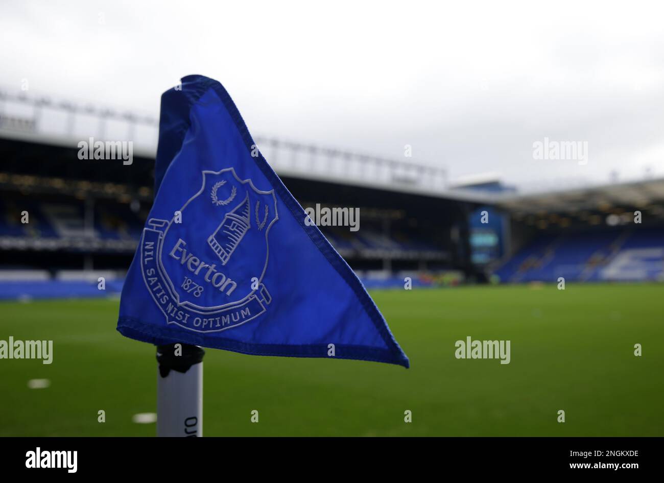 Goodison Park, Liverpool, UK. 18th Feb, 2023. Premier League Football, Everton versus Leeds United; the Everton FC club crest on a corner flag at the Gwladys Street end Credit: Action Plus Sports/Alamy Live News Stock Photo