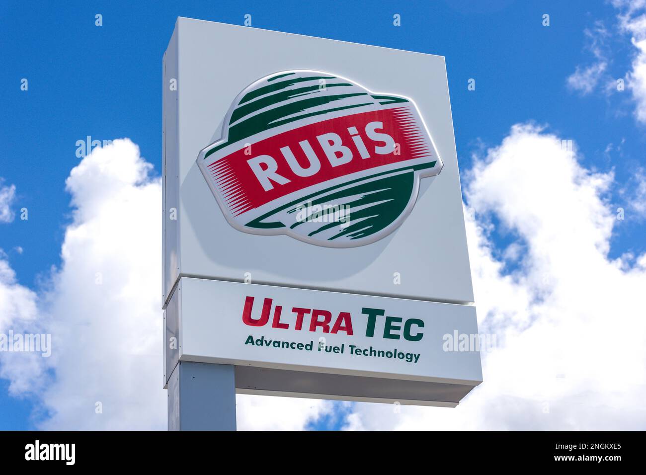 Rubis Ultra Tec Fuel sign at petrol station, Maurice Mason Street, Soufrière, Soufrière District, Saint Lucia, Lesser Antilles, Caribbean Stock Photo
