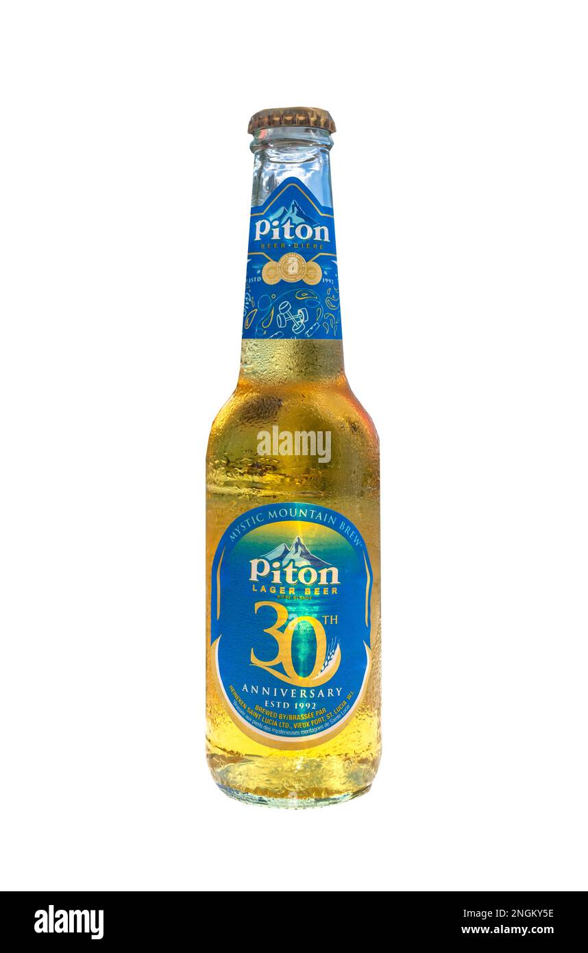 Bottle of Piton lager beer (cut-out), Soufrière, Soufrière District, Saint Lucia, Lesser Antilles, Caribbean Stock Photo