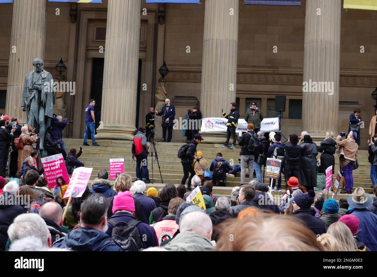 Liverpool, UK,18th February2023.  Jeremy Corbyn speaks at the 'Refugees Welcome Here' demonstration at St George's Hall Liverpool at 12pm on Saturday, February 18th. It comes after fireworks were launched at police and a police van was set on fire during a protest outside the Suites Hotel in Kirkby on Friday, February 10th. Organisers have announced former Labour leader Jeremy Corbyn as a speaker.  Hundreds of people have signed a petition condemning attempts to divide communities and 'to create fear and hatred' against people seeking refuge in the UK. Credit: Ken Biggs/Alamy Live News. Stock Photo