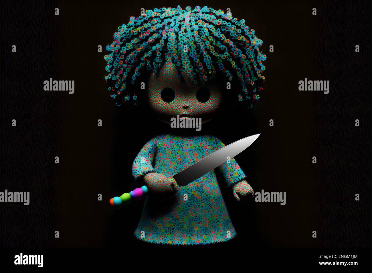 One evil scary doll with knife on a black background created with