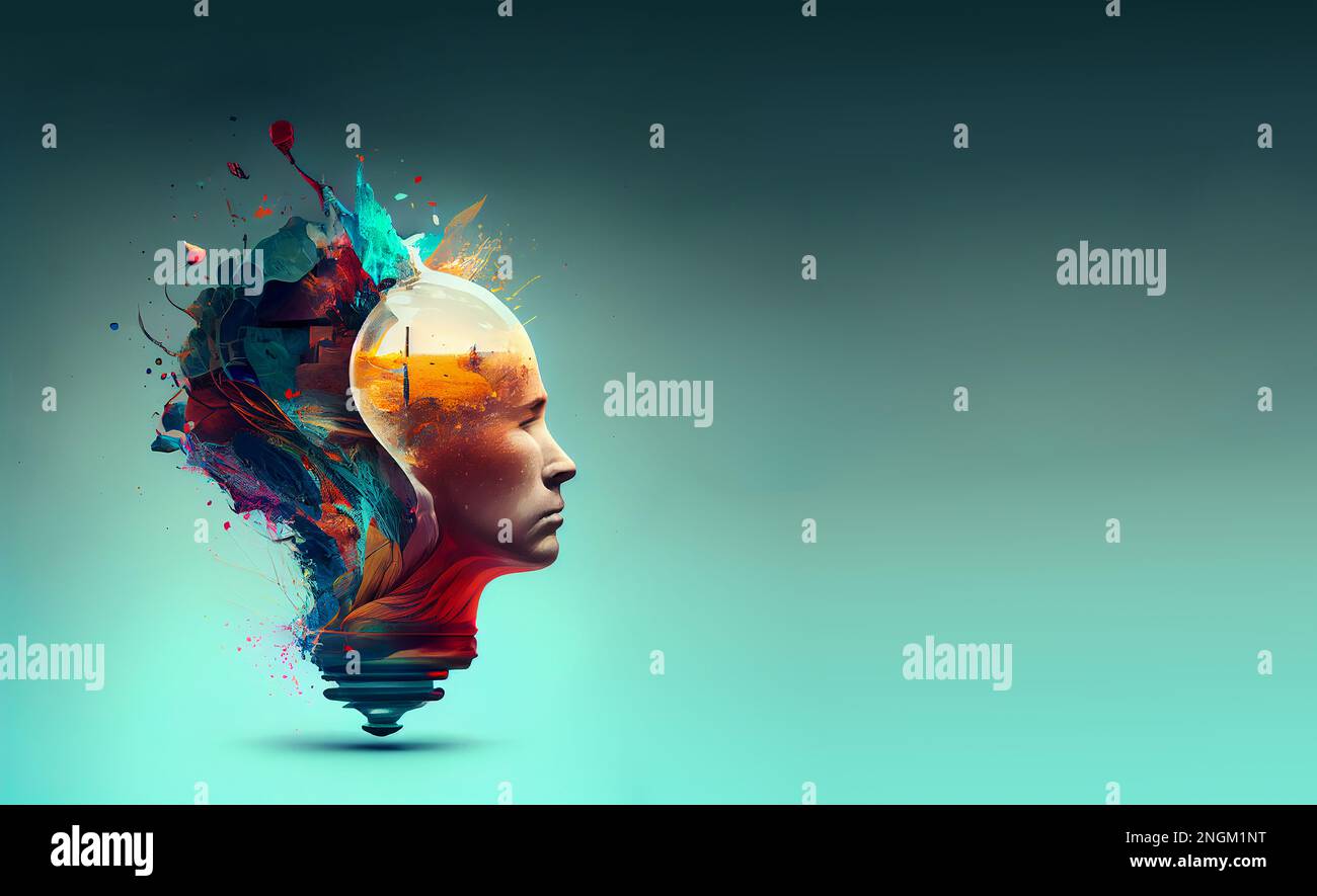 Man with creative light bulb, explosion of ideas, colorful splashes,  brainstorming for solutions, smart brain Stock Photo - Alamy
