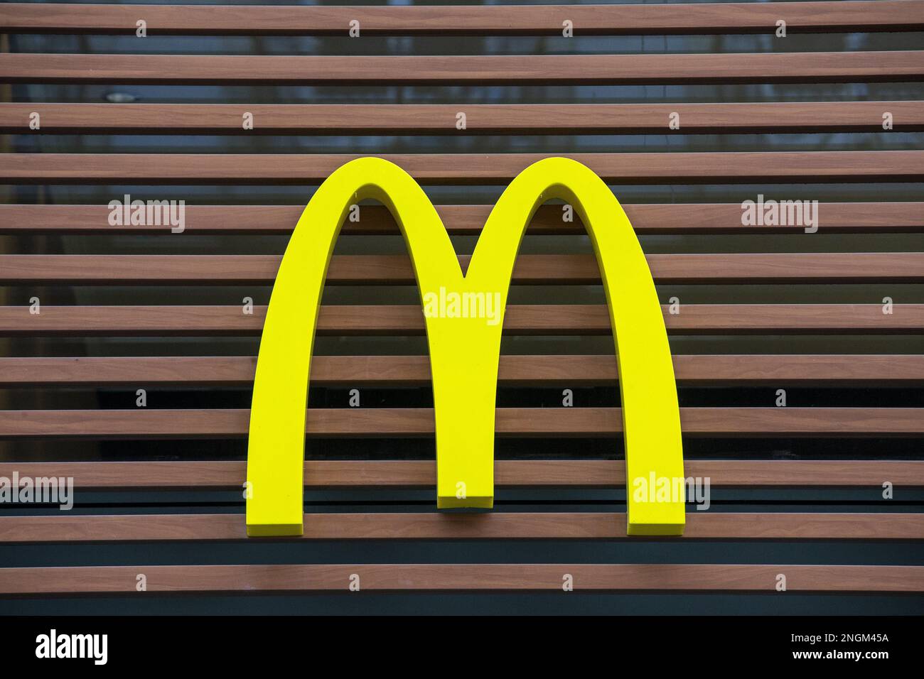 Illustration picture shows McDonald's fast food restaurant logo on the wall in the Bourse - Beurs (Stock Exchange) neighborhood in Brussels city center, Saturday 18 February 2023. BELGA PHOTO NICOLAS MAETERLINCK Stock Photo