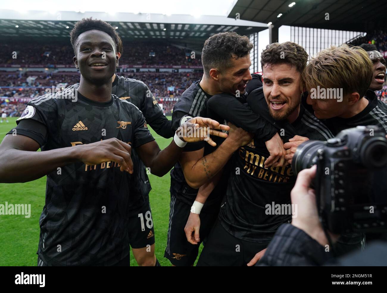 Arsenal's Jorginho celebrates his sides third goal, an own goal by Aston Villa goalkeeper Emiliano Martinez during the Premier League match at Villa Park, Birmingham. Picture date: Saturday February 18, 2023. Stock Photo