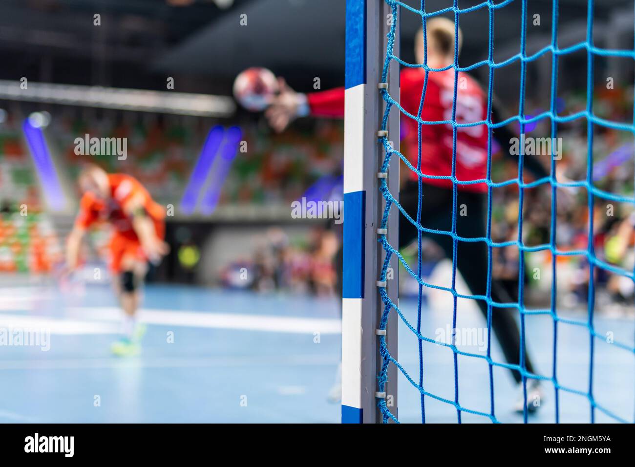 Detail of handball goal post with net and penalty shot in the