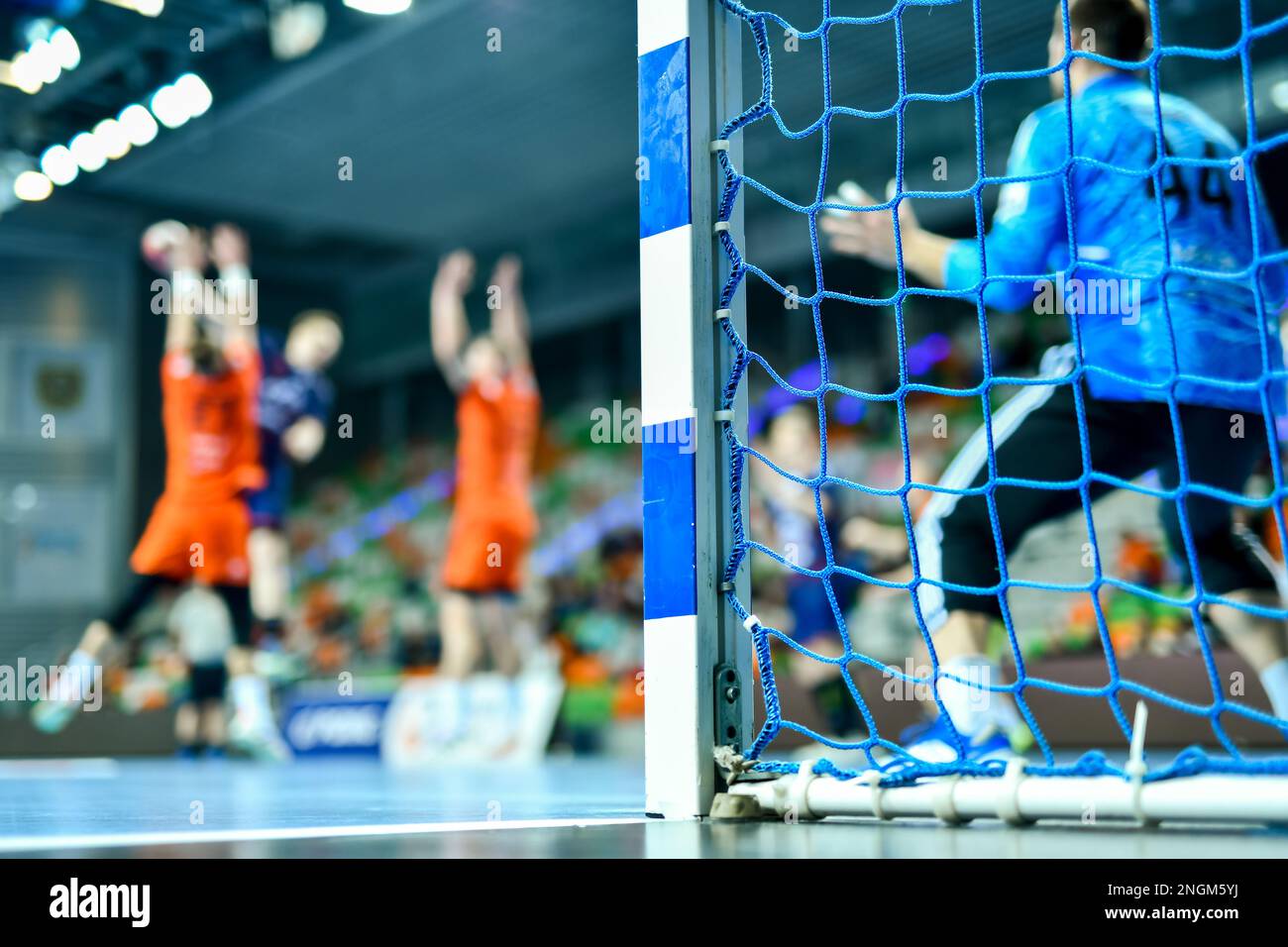 Detail of handball goal post with net and penalty shot in the