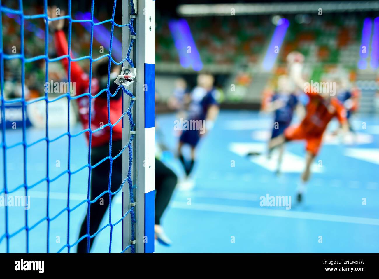 Detail of handball goal post with net and penalty shot in the