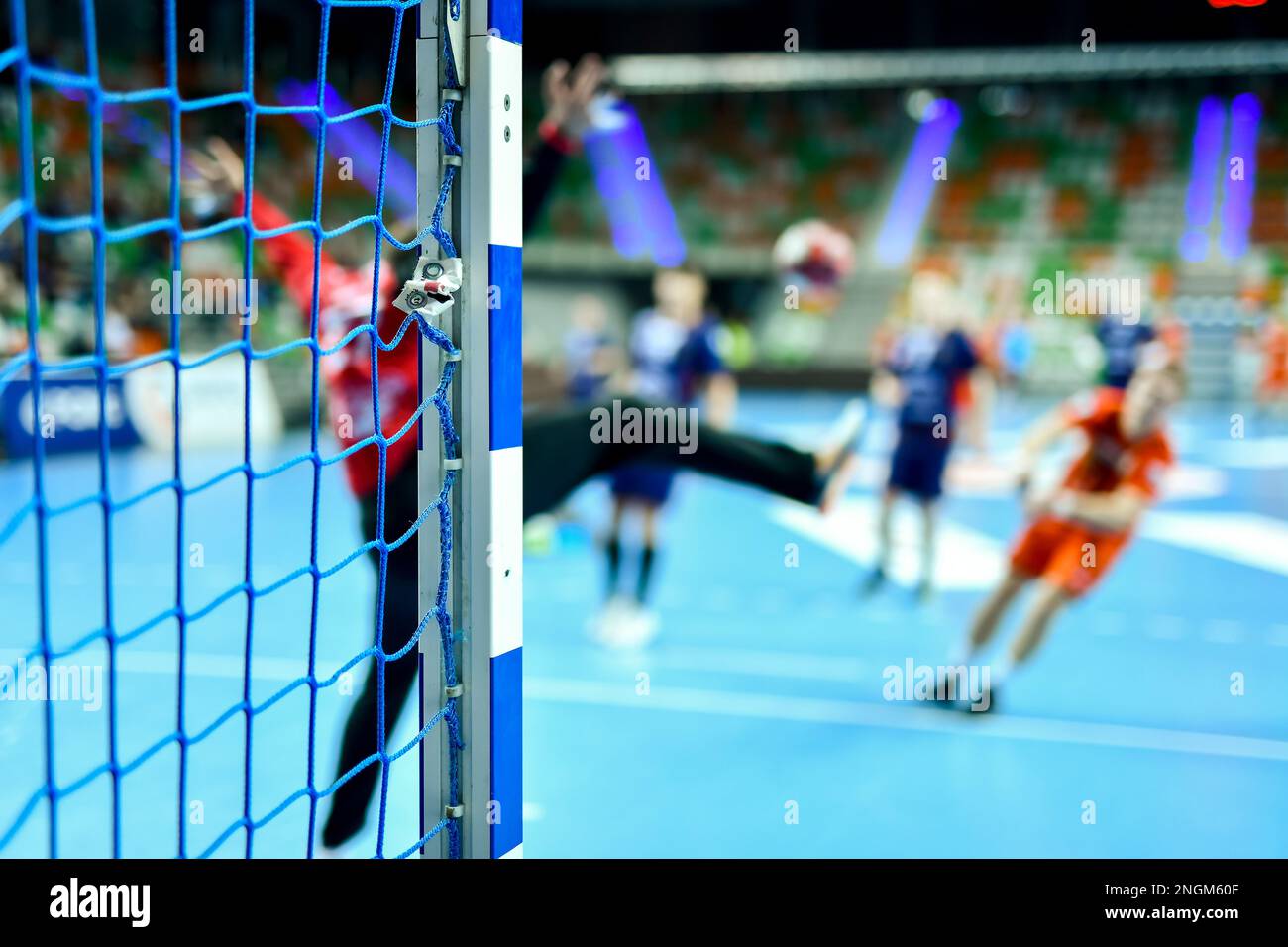 Detail of handball goal post with net and penalty shot in the