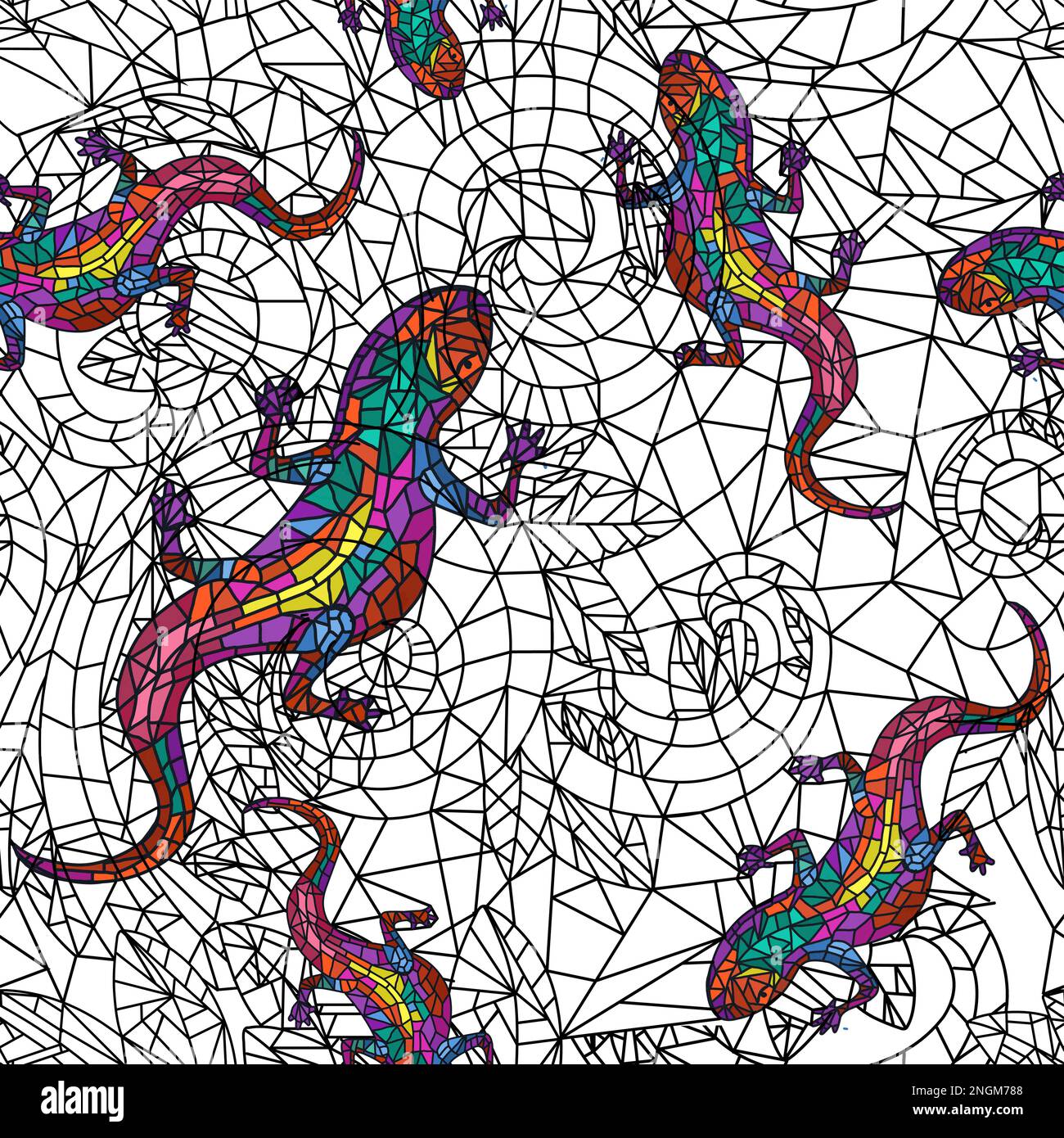 Seamless pattern with lizards in mosaic style. Stained glass with ...