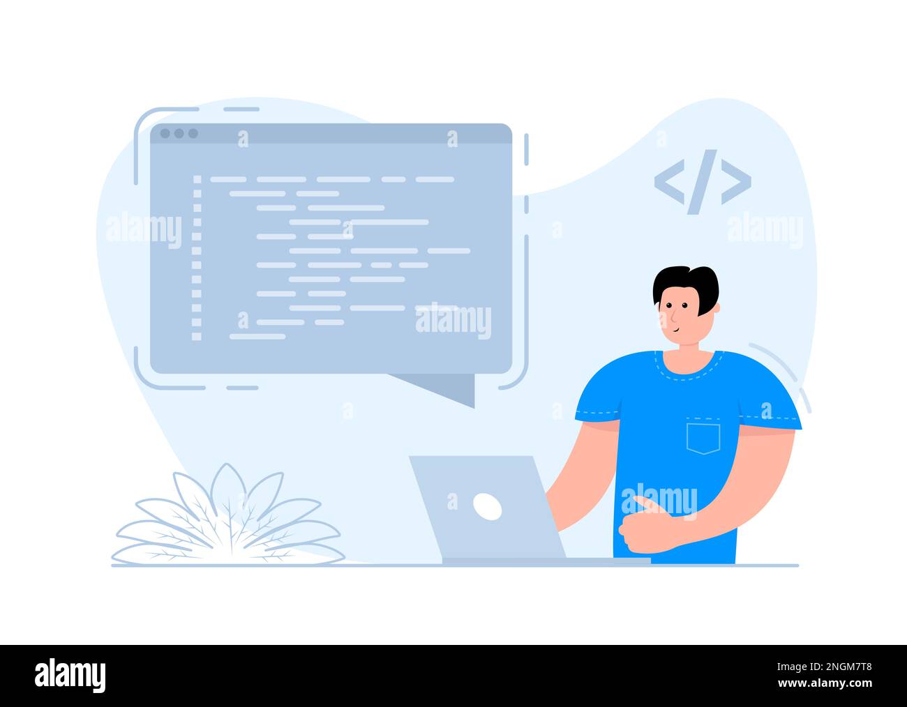 A man stands near the smartphone, on the screen Programmer working. Software programming. Writing code. Stock Vector