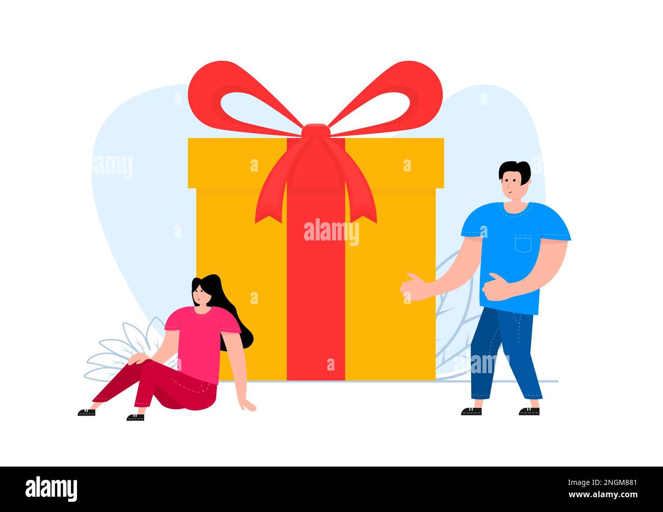 A man and a woman are standing near gift box. Online reward. Giving, receiving surprise. Stock Vector