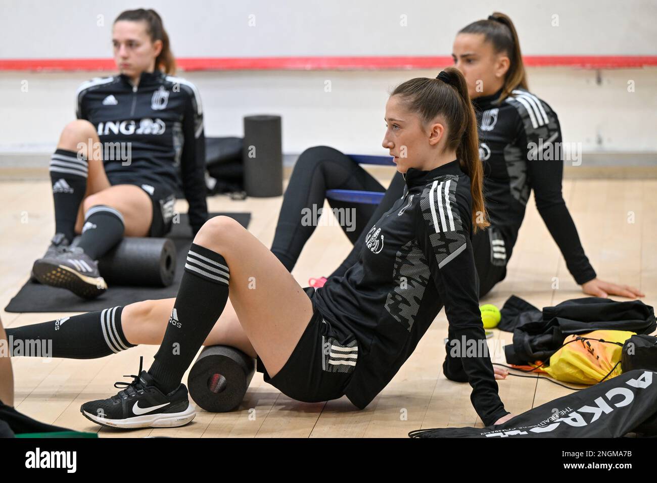 Marlow, UK. 18th Feb, 2023. Fran Meersman of Belgium pictured during the  Matchday - 1 training session of the Belgian national female soccer team,  called the Red Flames , ahead of their