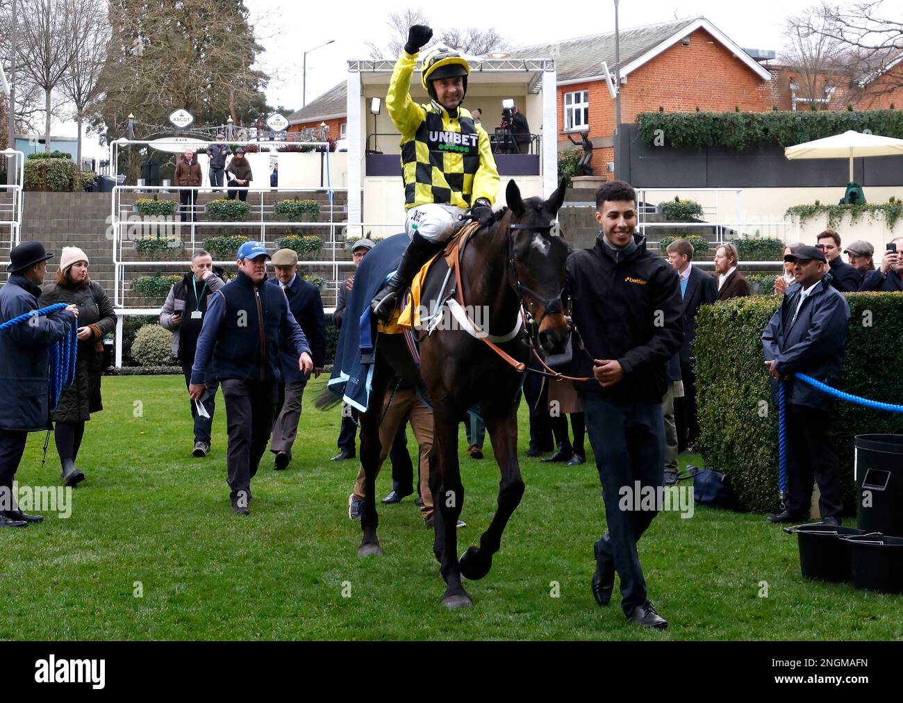 Jockey Nico de Boinville celebrates winning the Betfair Ascot Chase ...