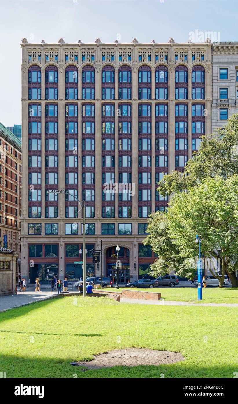 Boston Downtown: The Little Building, facing Boston Common, was restored in 2019. The former office building is now an Emerson College residence hall. Stock Photo