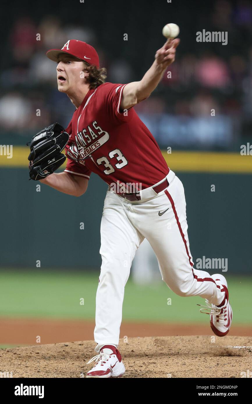 February 17, 2023: Razorback pitcher Hagen Smith #33 works from the mound. Arkansas defeated Texas 3-2 in Arlington, TX, Richey Miller/CSM Stock Photo