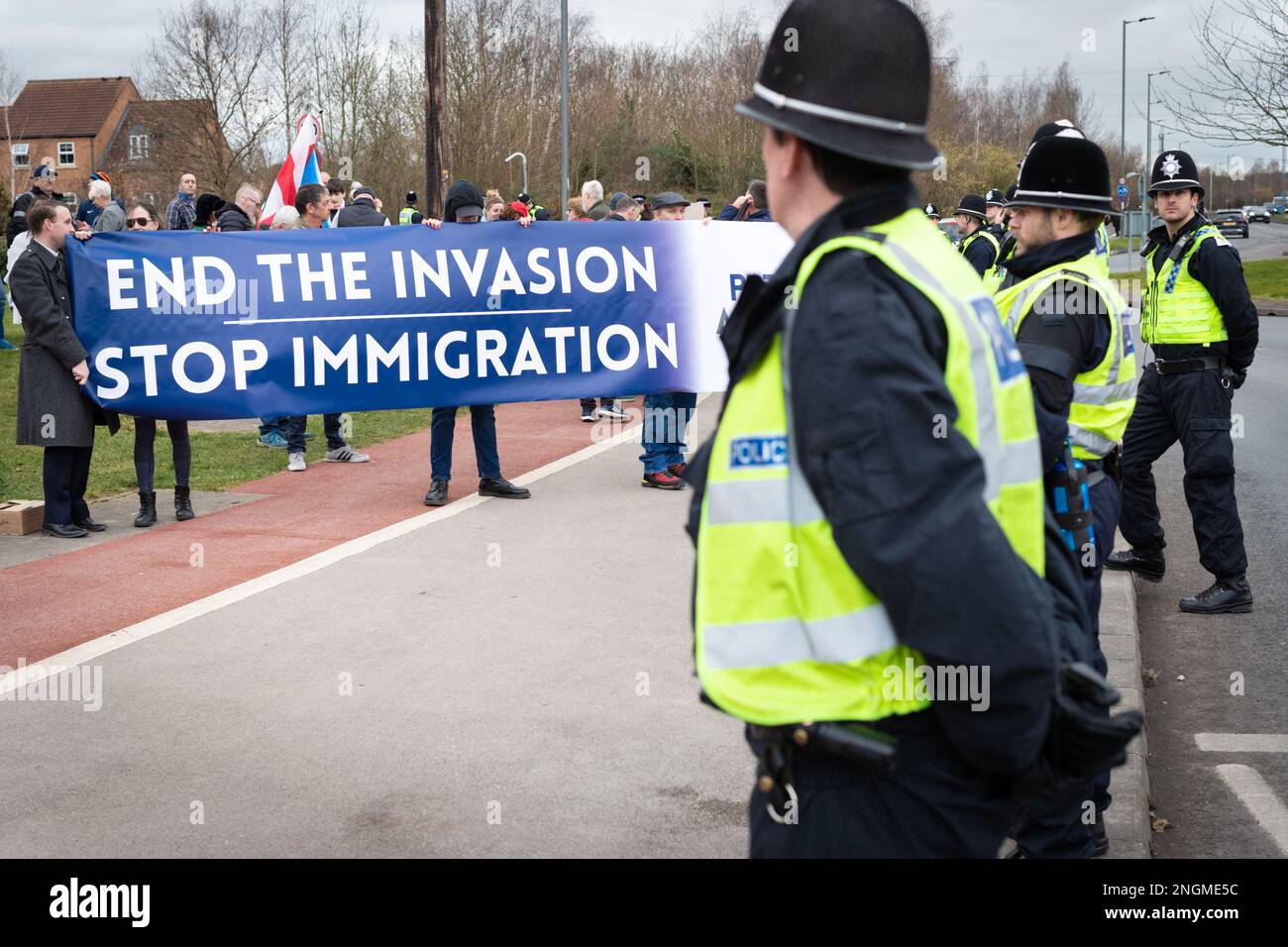 Rotherham uk 18th feb 2023 anti immigration demonstrators hold a
