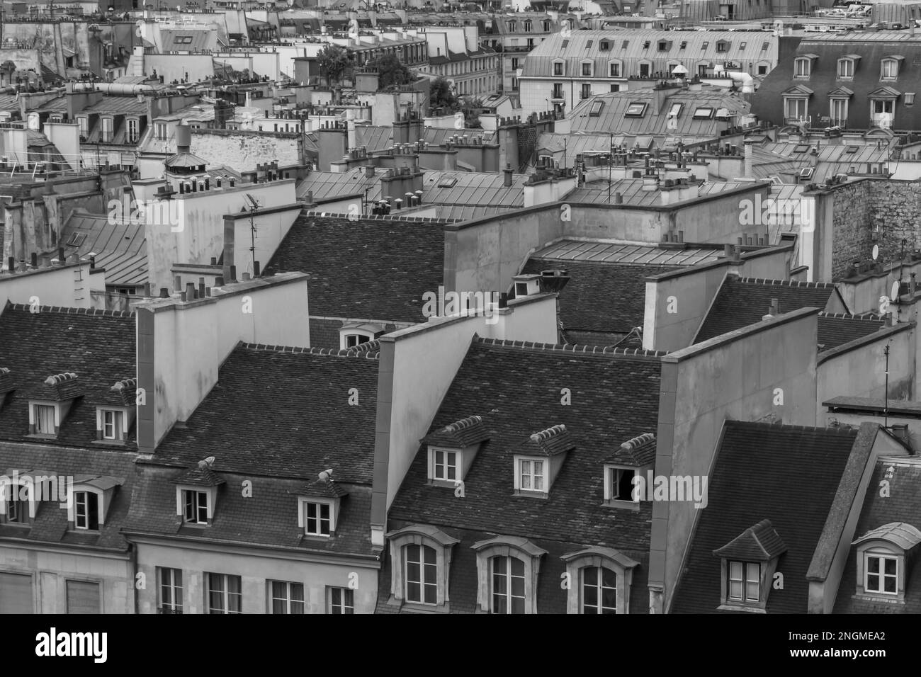 black and white photo of roofs of buildings in Paris Stock Photo