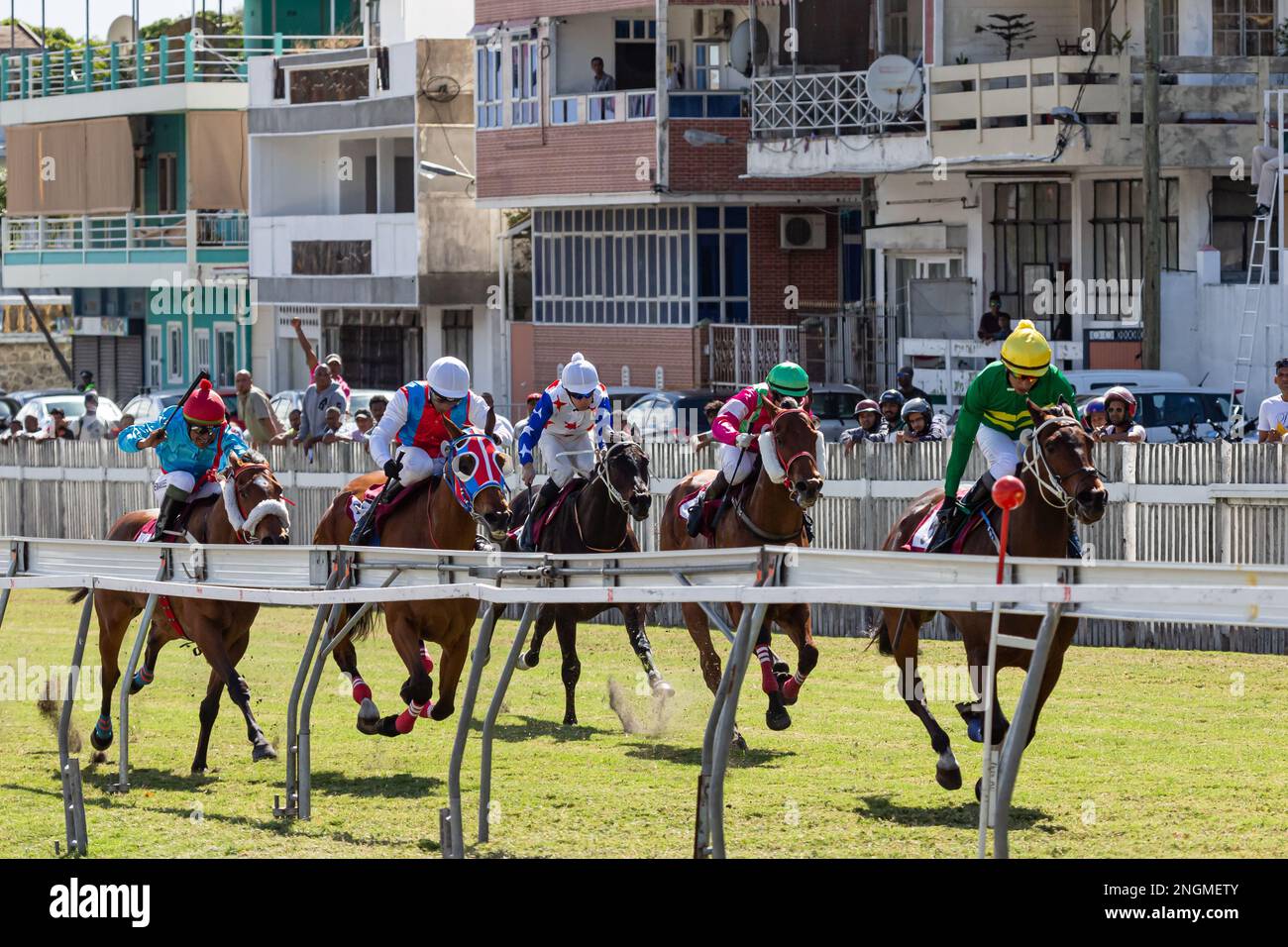 Port Louis, Mauritius - June 18, 2016: Weekly horse race on Champ de Mars, Port Louis, Mauritius Stock Photo