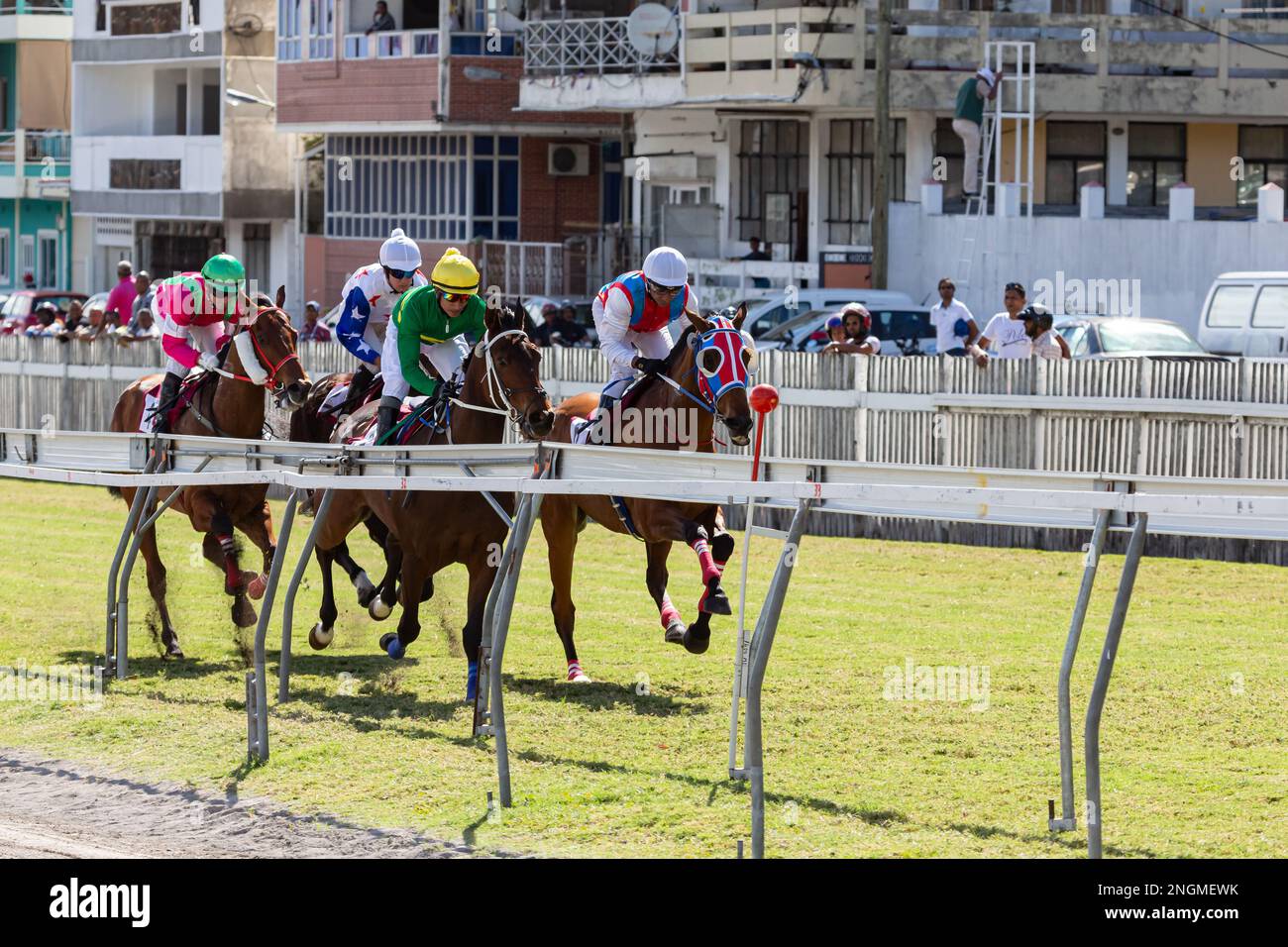 Port Louis, Mauritius - June 18, 2016: Weekly horse race on Champ de Mars, Port Louis, Mauritius Stock Photo