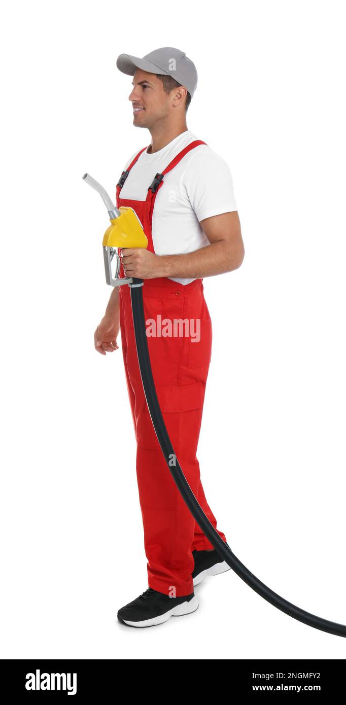 Gas station worker with fuel nozzle on white background Stock Photo