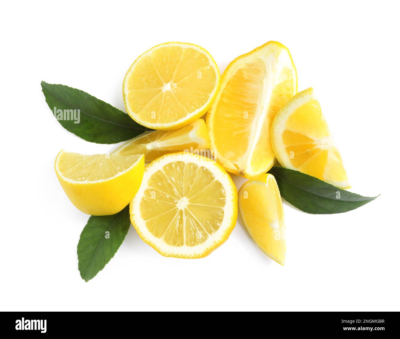 Fresh ripe lemons with leaves on white background, top view Stock Photo ...