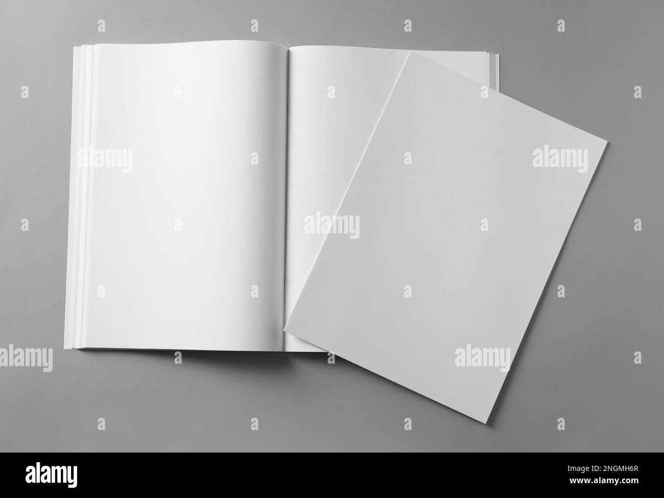 Paper sheet and open blank brochure on light grey background, flat lay Stock Photo