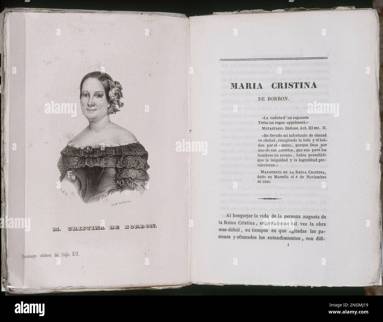 MARIA CRISTINA DE BORBON - GALERIA REGIA O BIOGRAFIAS DE LOS REYES DE ESPAÑA... HASTA ISABEL II - 1848. Author: WENCESLAO AYGUALS DE IZCO (1801-1875). Location: SENADO-BIBLIOTECA-COLECCION. MADRID. SPAIN. Maria Christina of the Two Sicilies. FERNANDO VII ESPOSA. MARIA CRISTINA DE PARMA. PARMA MARIA CRISTINA DE. Stock Photo