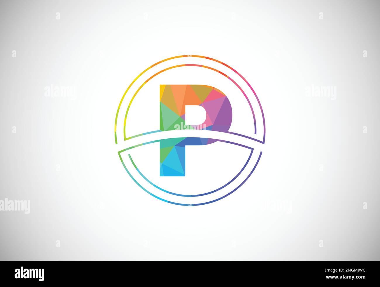Low poly style letter P with a circle frame. Graphic alphabet symbol