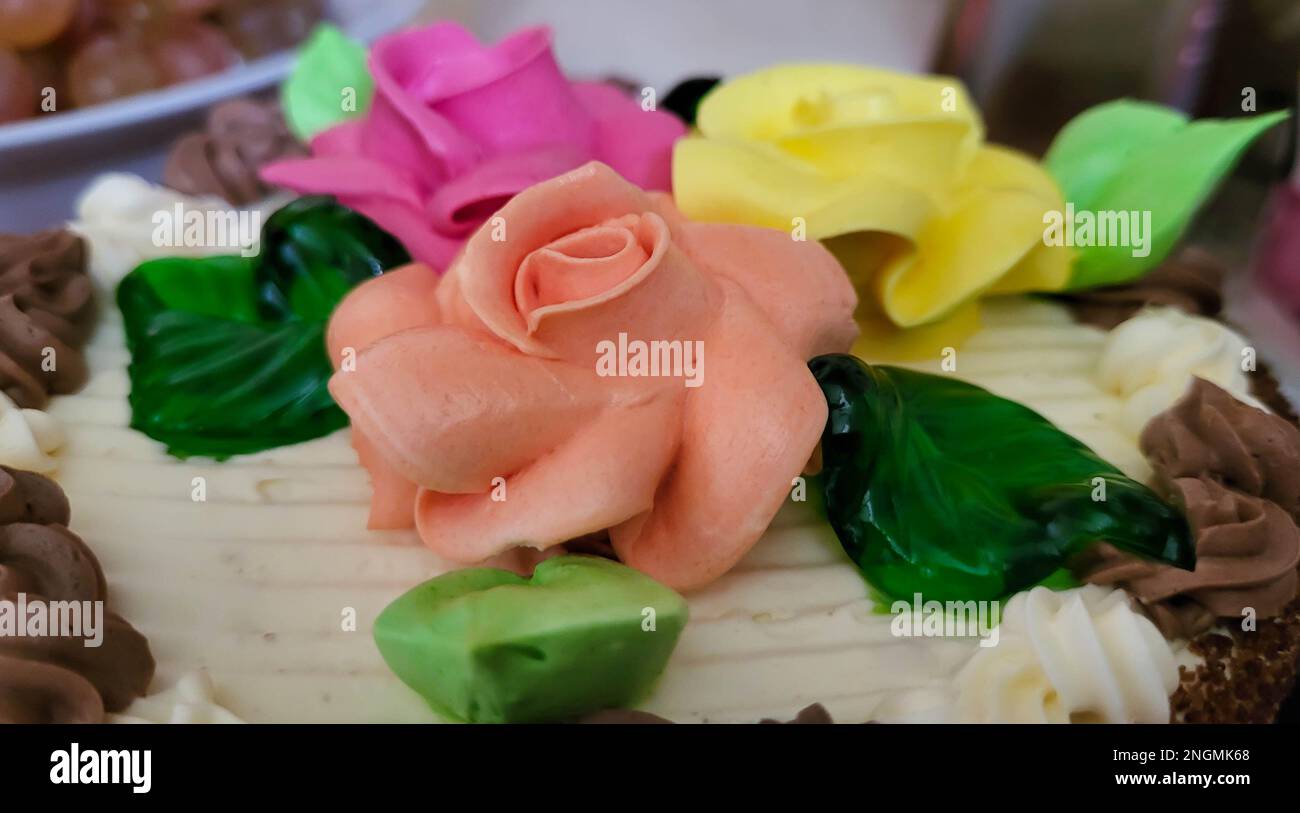 Colorful roses for the cake. Birthday cake Stock Photo