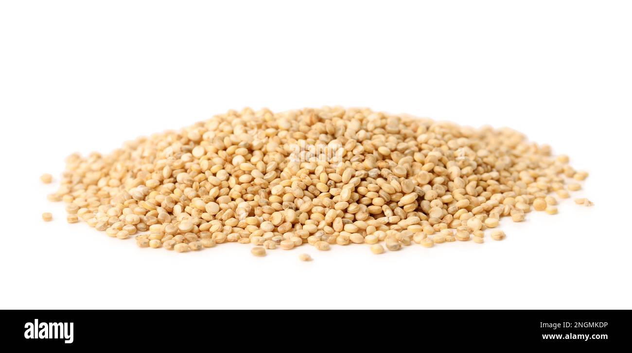Pile of raw quinoa seeds on white background. Vegetable planting Stock