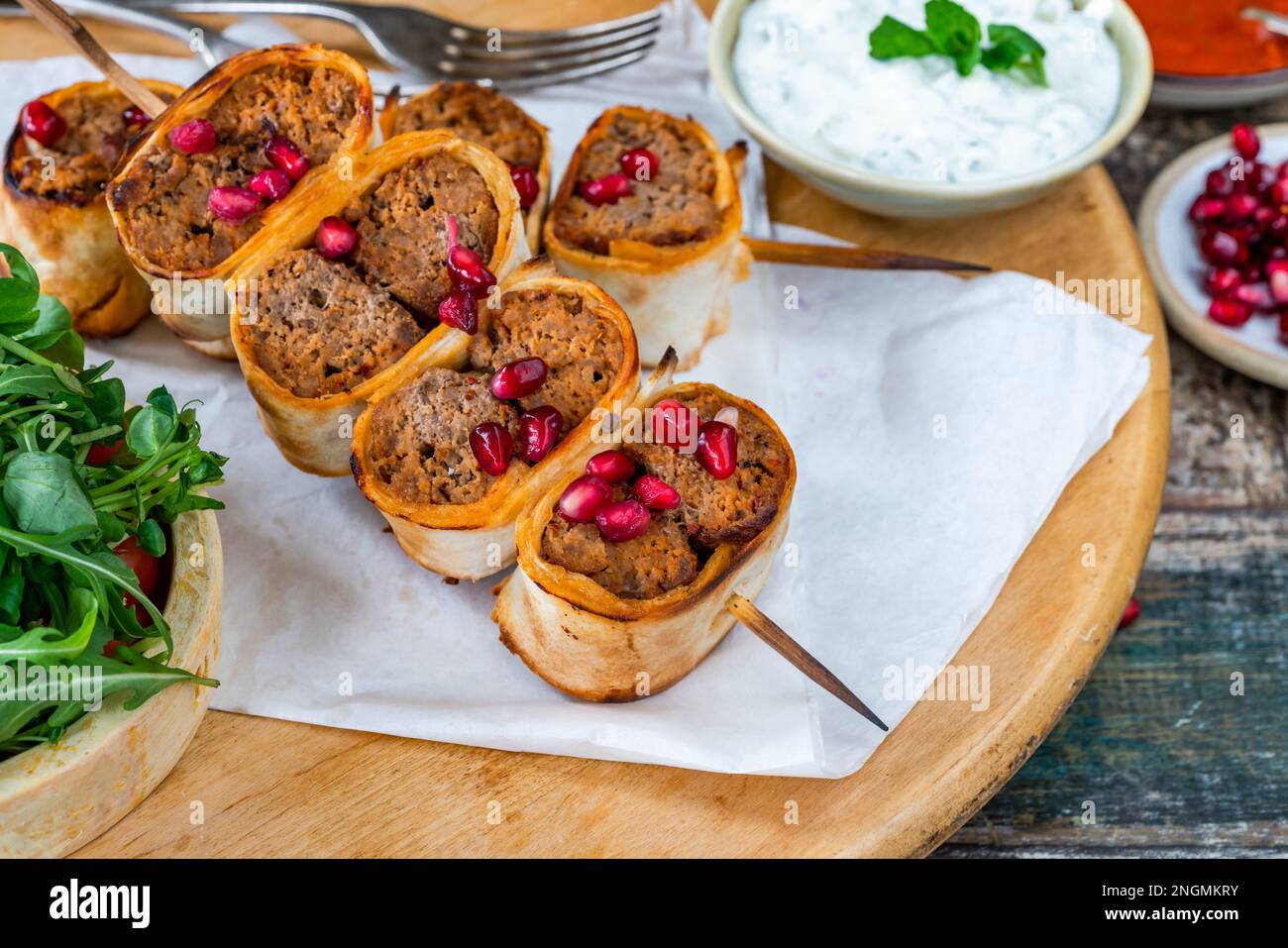 Beyti Turikish lamb koftestyle kebab wrapped in flatbread Stock