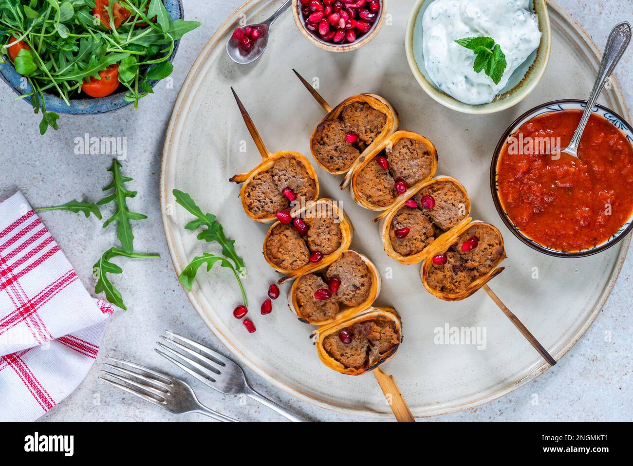 Beyti Turikish lamb koftestyle kebab wrapped in flatbread Stock