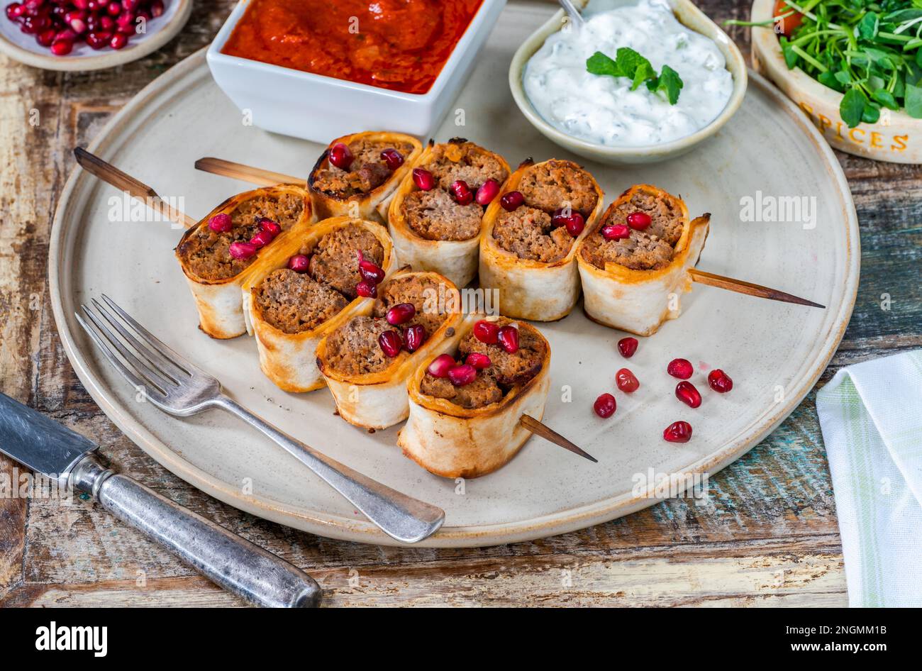 Beyti Turikish lamb koftestyle kebab wrapped in flatbread Stock