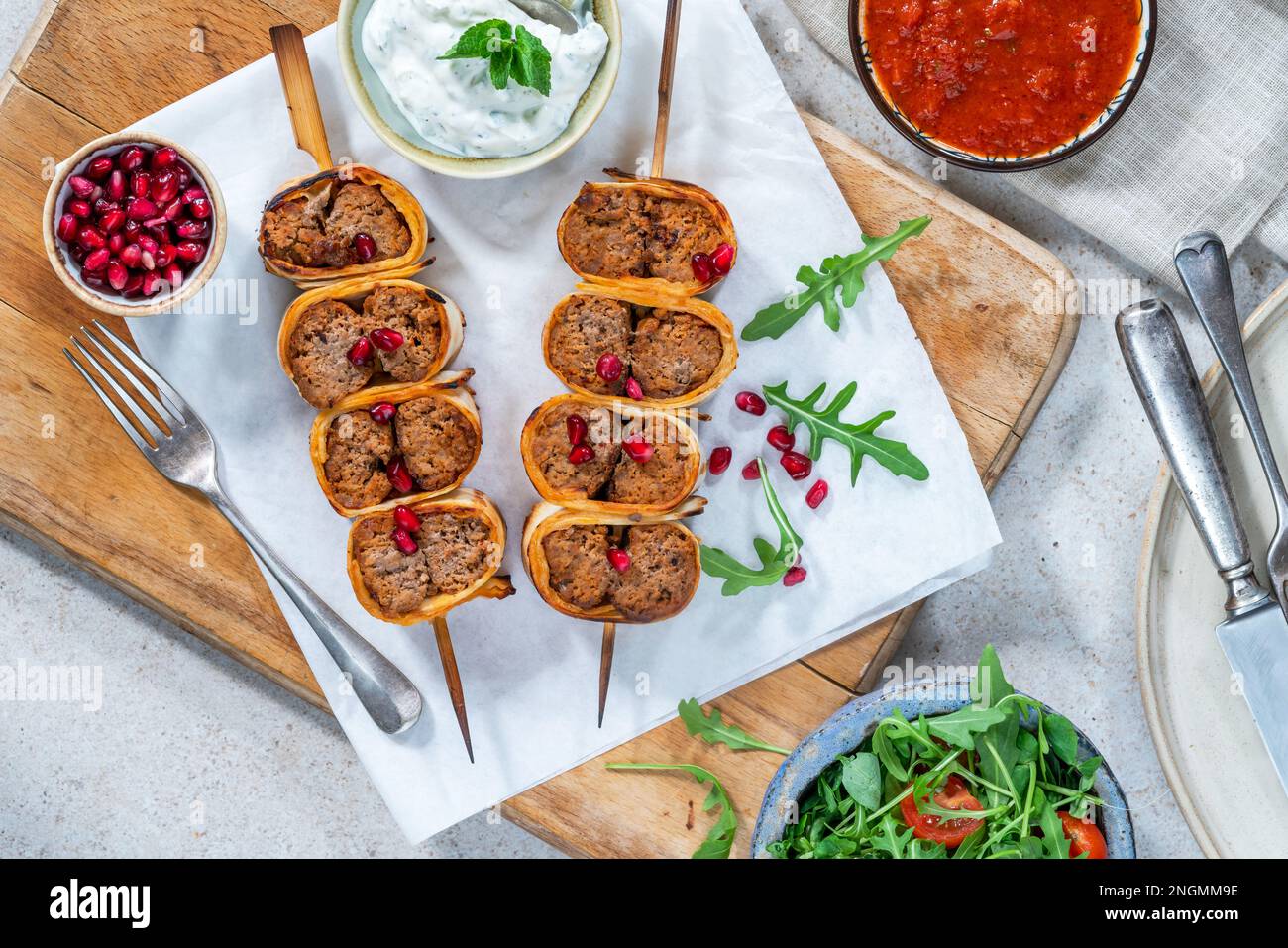 Beyti Turikish lamb koftestyle kebab wrapped in flatbread Stock