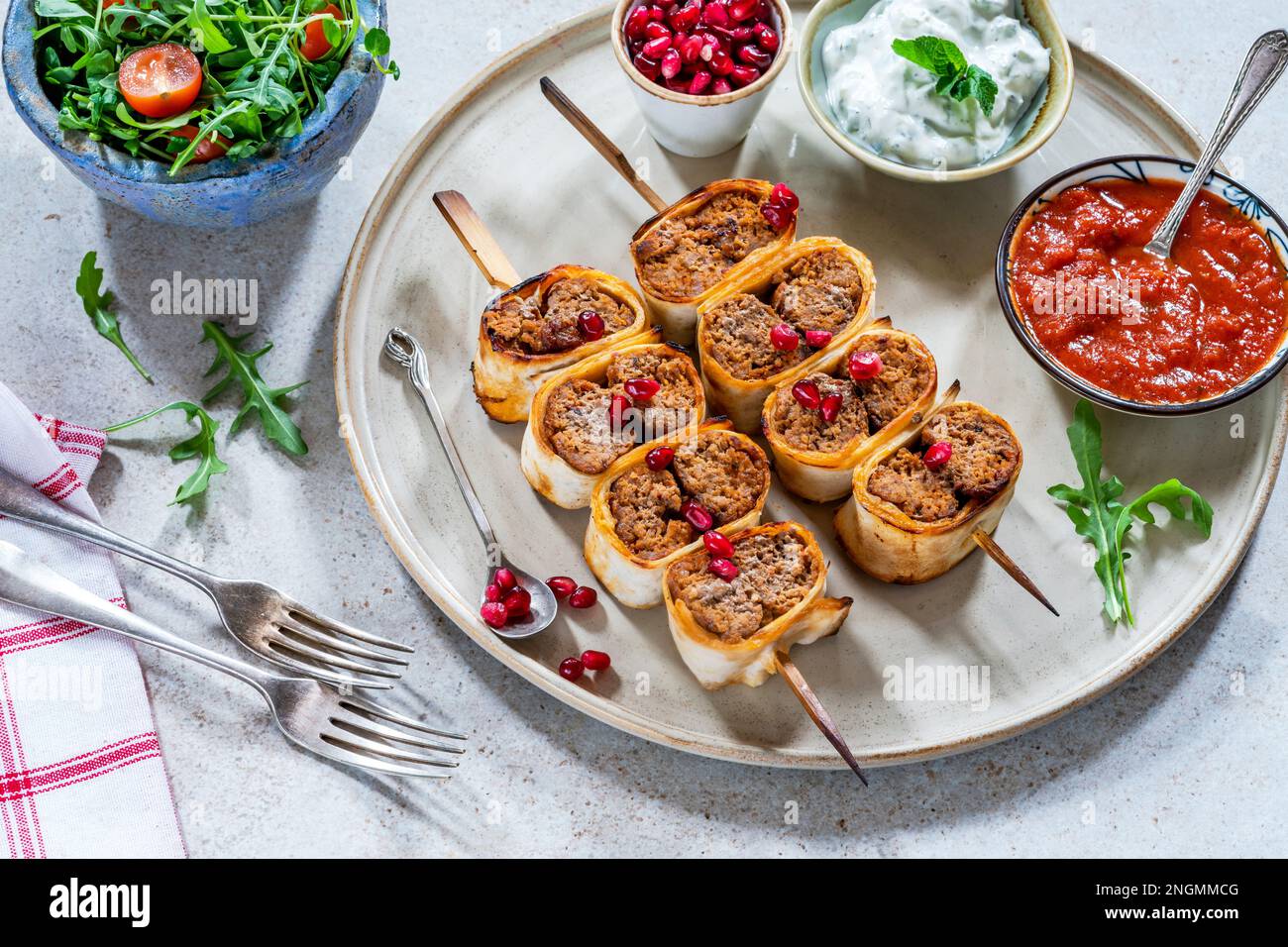 Beyti Turikish lamb koftestyle kebab wrapped in flatbread Stock