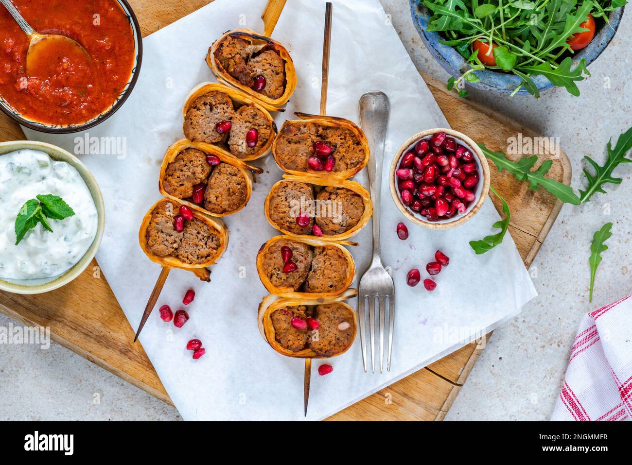 Beyti Turikish lamb koftestyle kebab wrapped in flatbread Stock