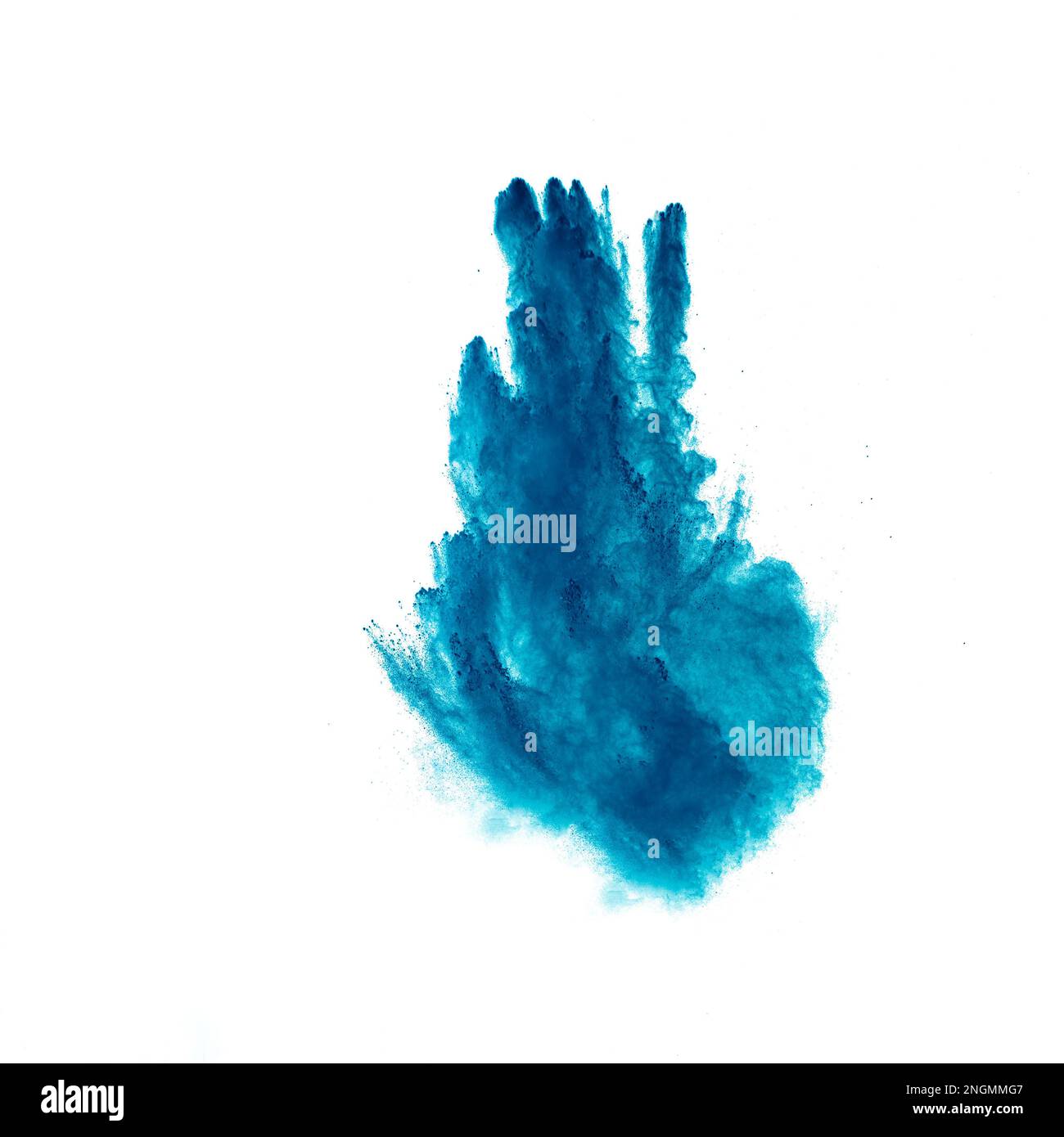 Blue color powder explosion cloud on white background.Blue dust