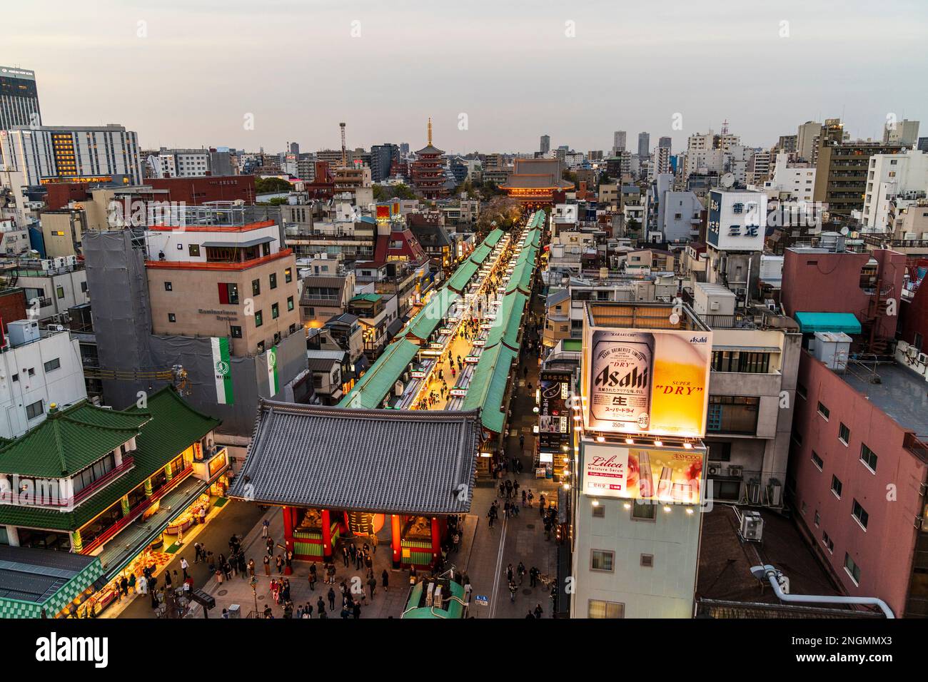 Tokyo. Asakusa shrine and Sensoji temple at the end of the Nakamise, a ...