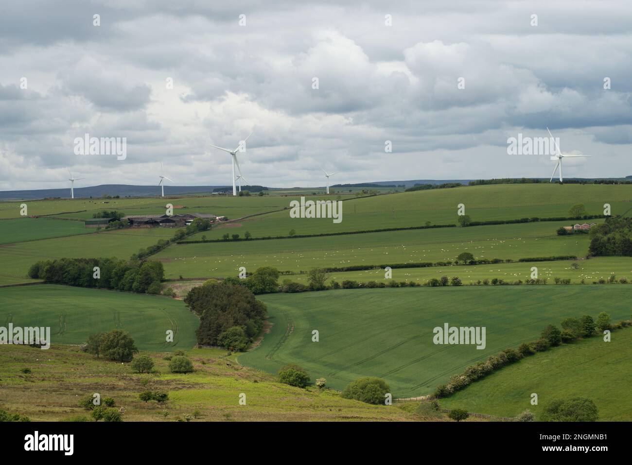 Wind turbines seen across agricultural land in north east England Stock Photo