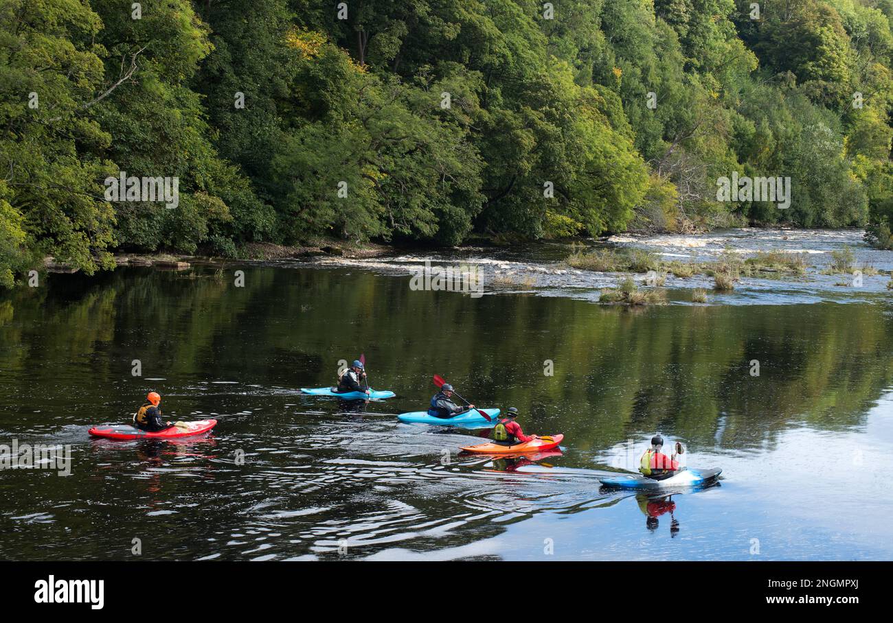 Group of kayakers heading downriver towards a patch of rough water Stock Photo