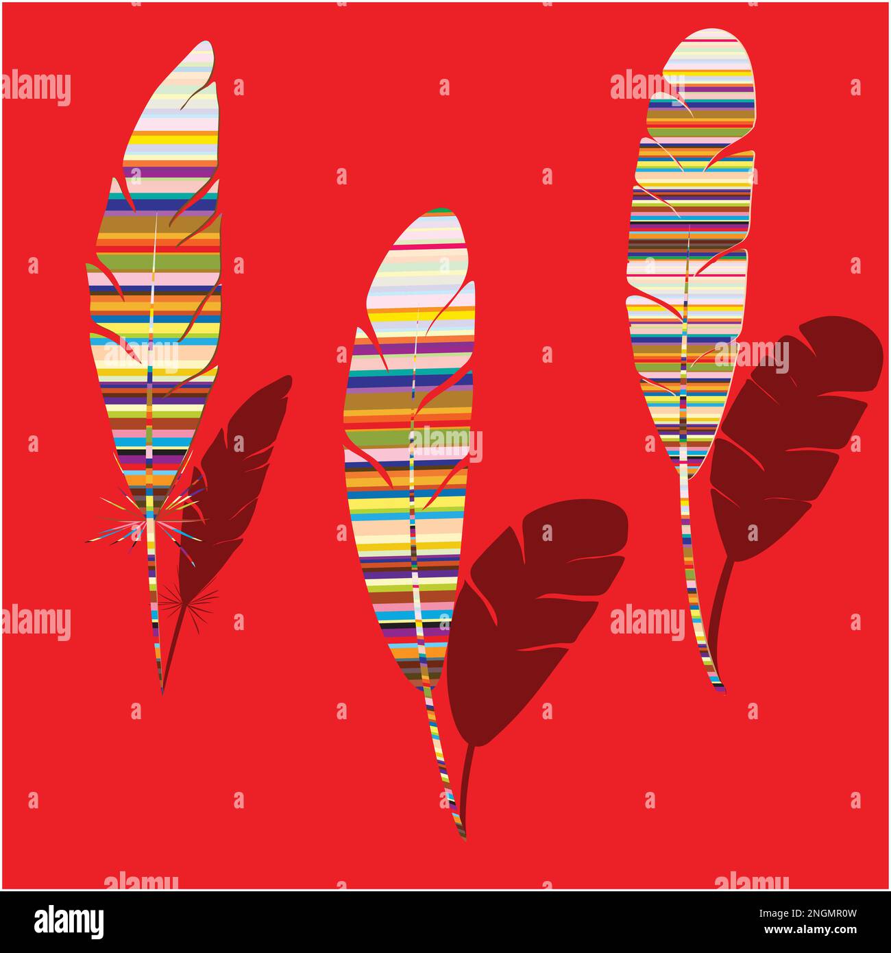 Three abstract feathers with colorful stripes and brown shadow, vector Stock Vector